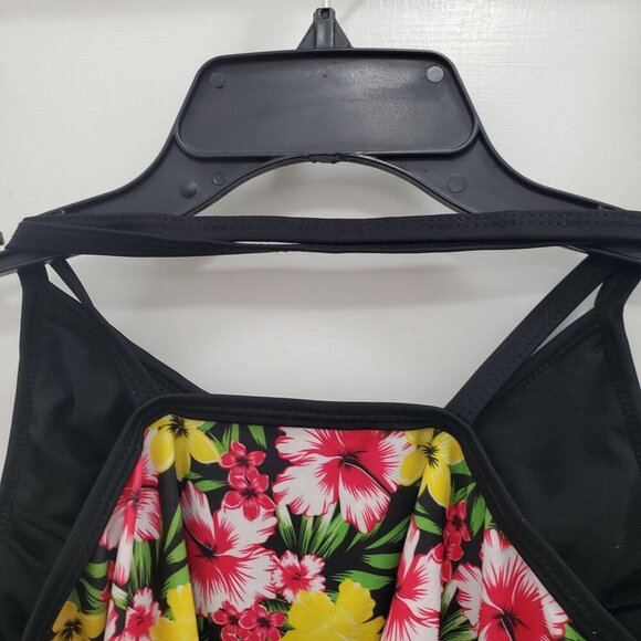 Bobbie Brooks Women's Black Multicolor Hibiscus X-Back Tankini‎ Swim Top L - Picture 2 of 5